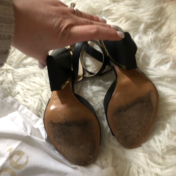 { Chloe } Black Leather Block Heel Sandal w/ Gold - Picture 7 of 7